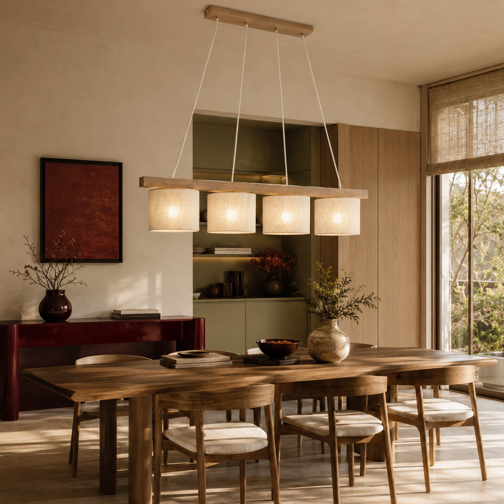 VARO Scandinavian Wood & Linen Pendant Light for Kitchen Island & Dining Table