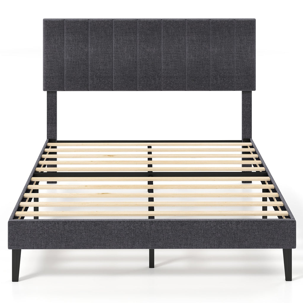 Velvet Upholstered Platform Bed with Height Adjustable Vertical Channel Headboard-Queen Size