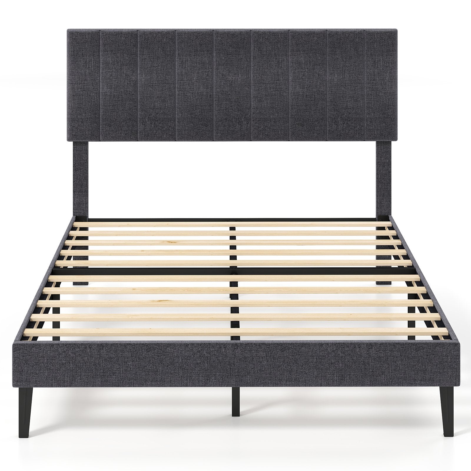 Velvet Upholstered Platform Bed with Height Adjustable Vertical Channel Headboard-Queen Size