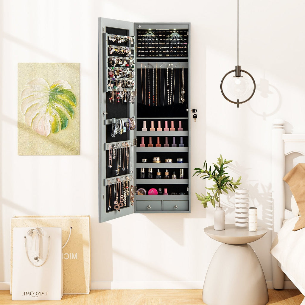Wall And Door Mounted Mirrored Jewelry Cabinet With Lights-Black