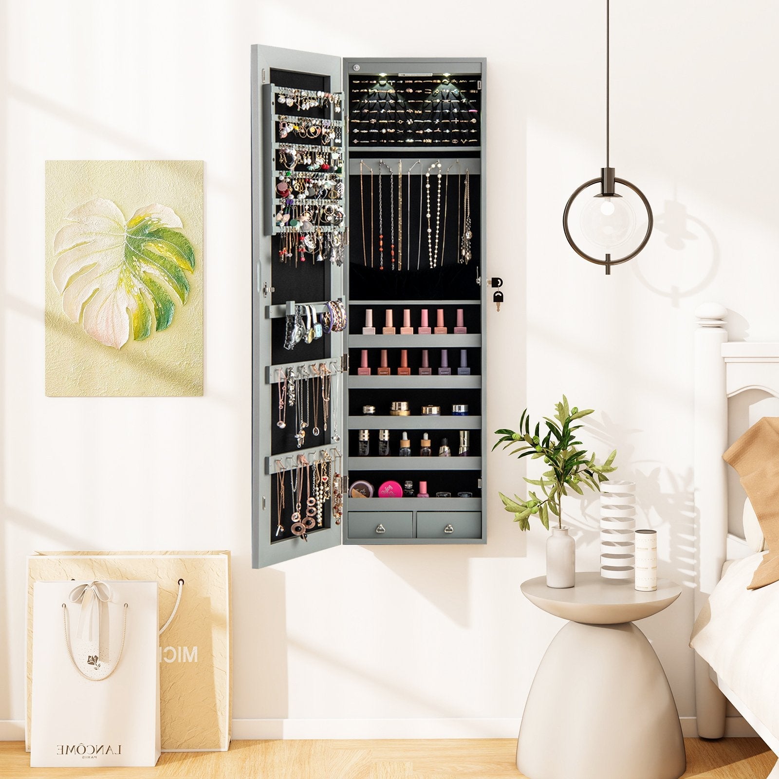 Wall And Door Mounted Mirrored Jewelry Cabinet With Lights-Black