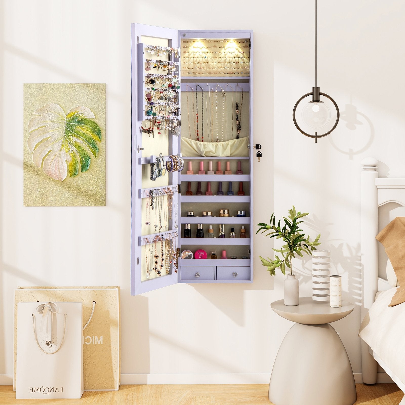 Wall And Door Mounted Mirrored Jewelry Cabinet With Lights-Black