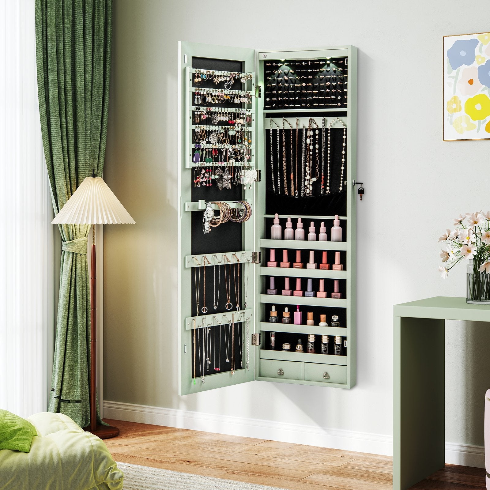 Wall And Door Mounted Mirrored Jewelry Cabinet With Lights-Black