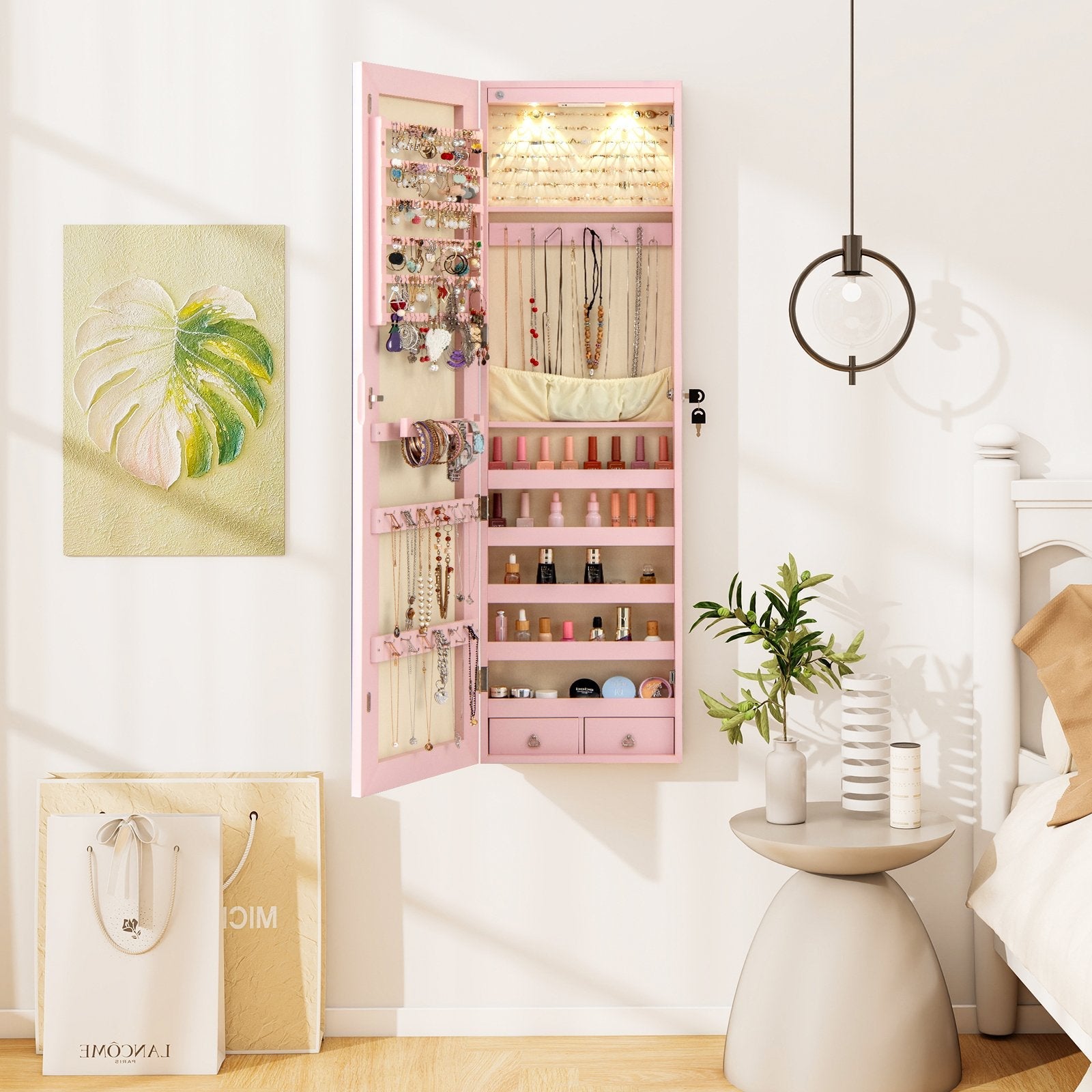 Wall And Door Mounted Mirrored Jewelry Cabinet With Lights-Black