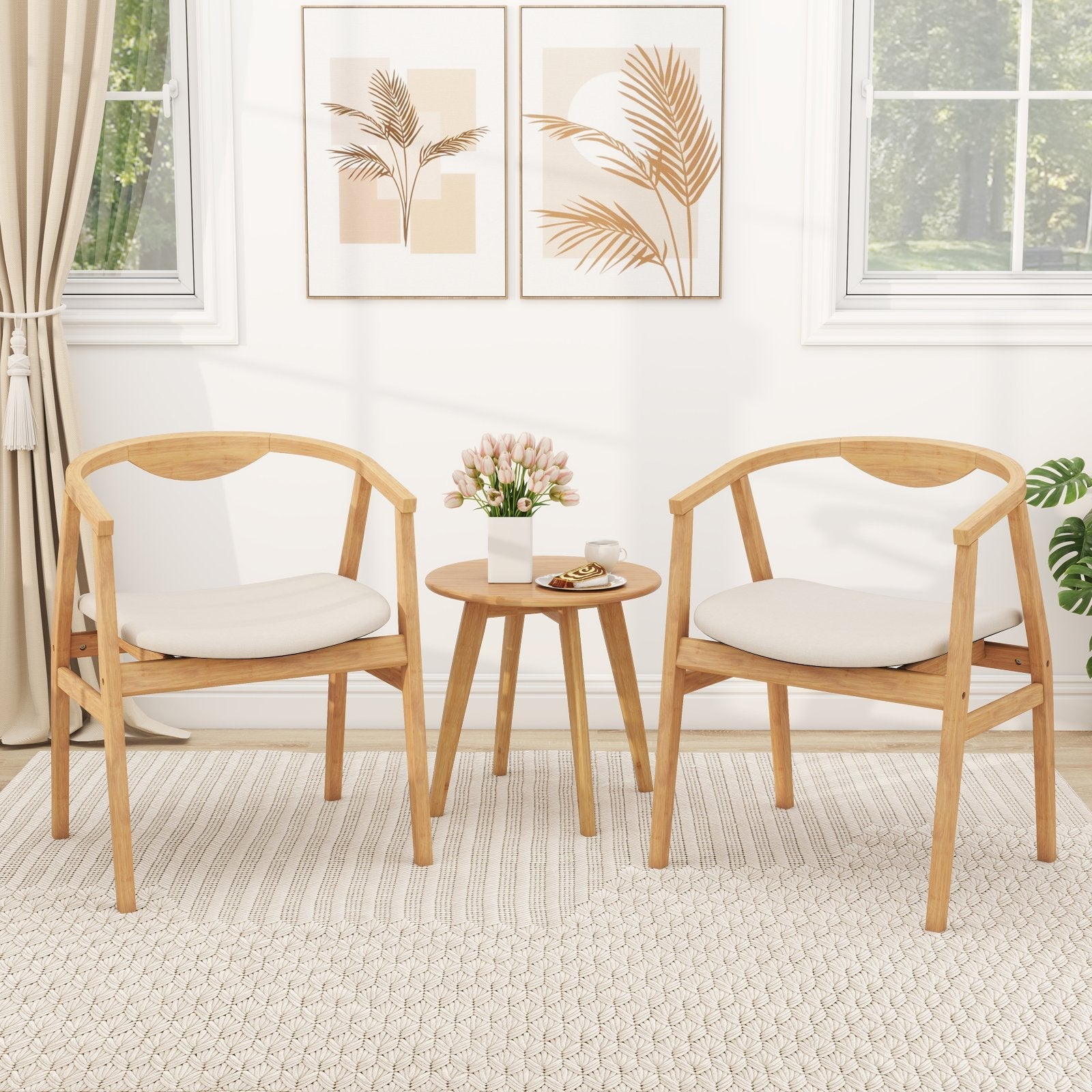 Wooden Bamboo Accent Chair with Armrest and Curved Backrest-Natural