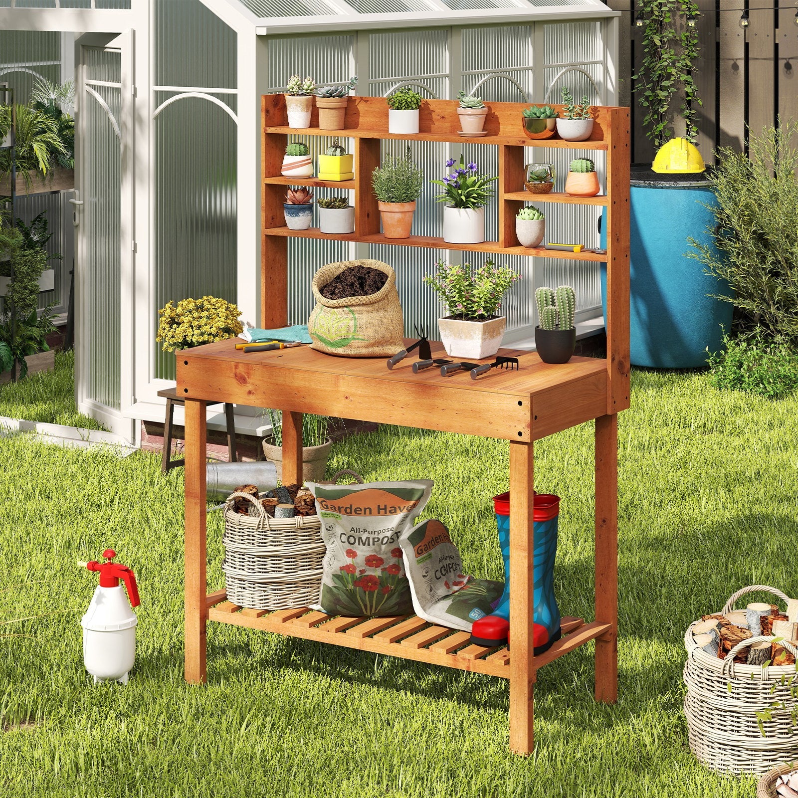 Wooden Potting Bench Table  61" Garden Planting Workstation with 3-Tier Open Shelf-Brown