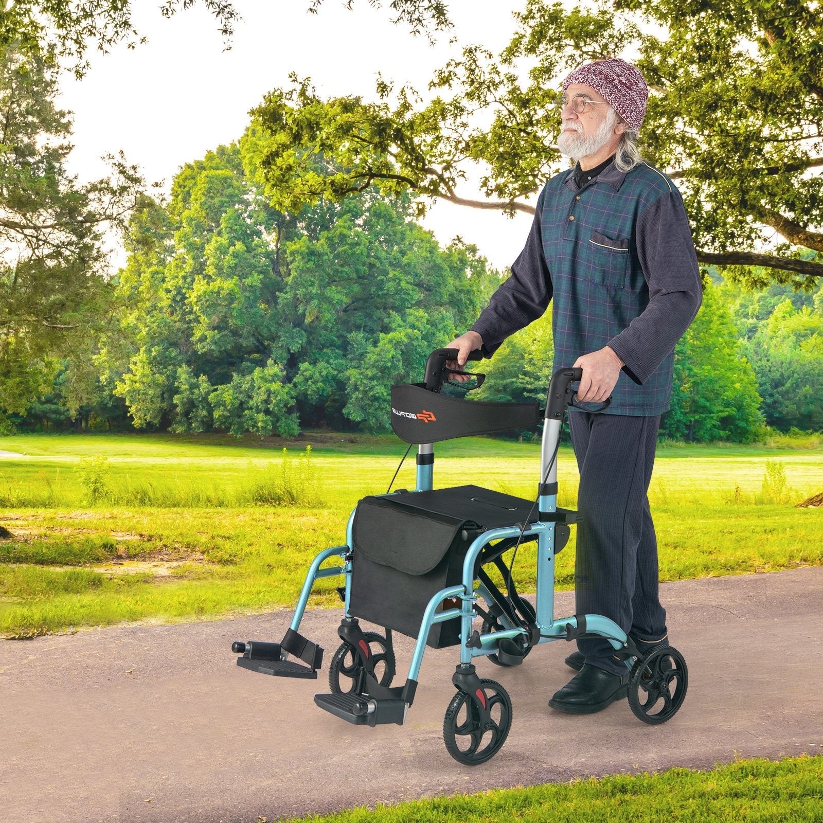 2-in-1 Adjustable Folding Handle Rollator Walker with Storage Space-Black