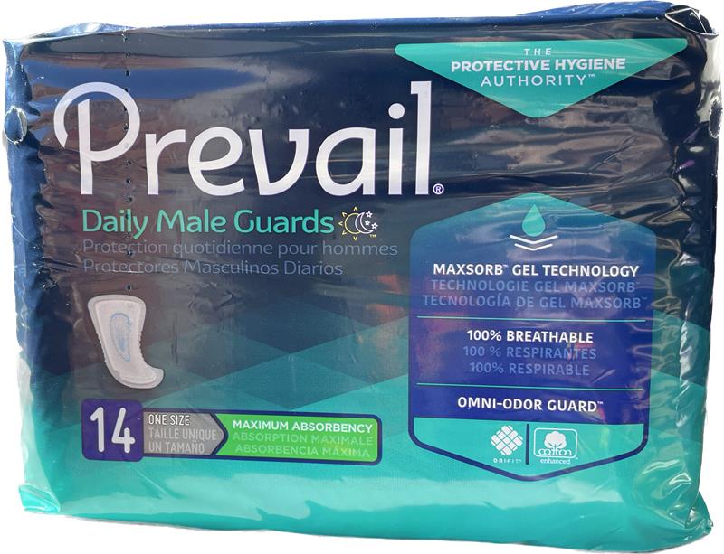 Prevail for Men Daily Male Guards – One Size, Maximum Absorbency | Pack of 14 or Case of 126 (9 x 14 Packs)
