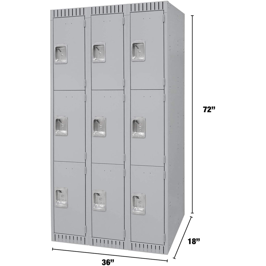 Lockers, 3 -tier, Bank of 3, 36" x 18" x 72", Steel, Grey, Knocked Down