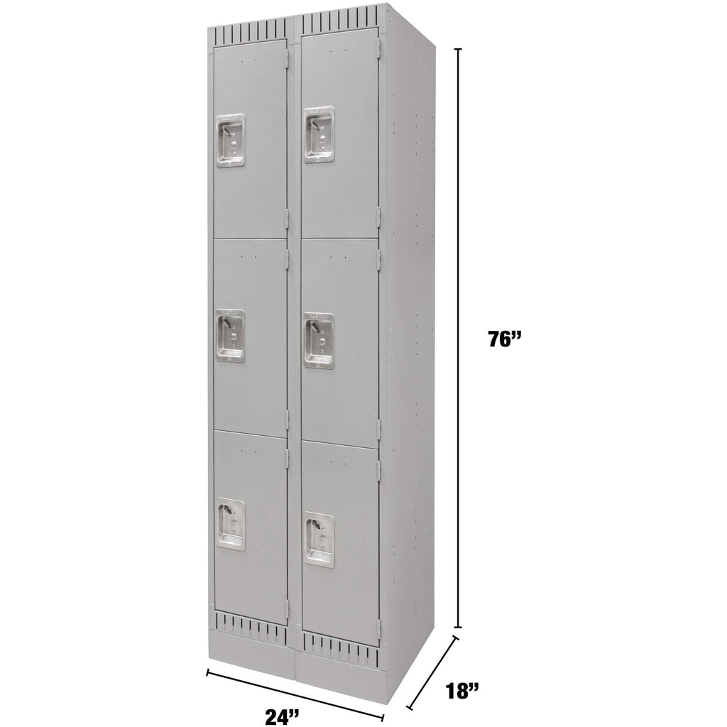 Lockers, 3 -tier, Bank of 2, 24" x 18" x 76", Steel, Grey, Knocked Down