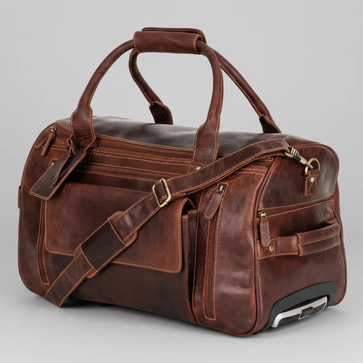 Greenwood Leather Wheeled Duffel Bag. Vintage Sandel Travel Trolley