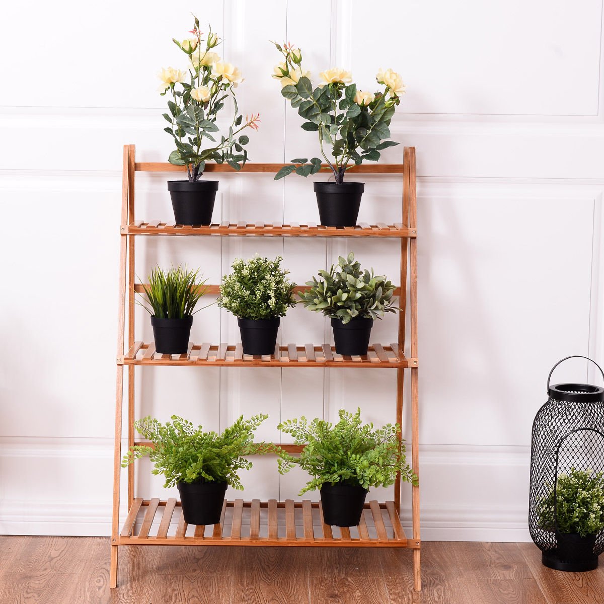 3-Tier Bamboo Ladder Shelf Foldable Plant Flower Bookshelf-Brown