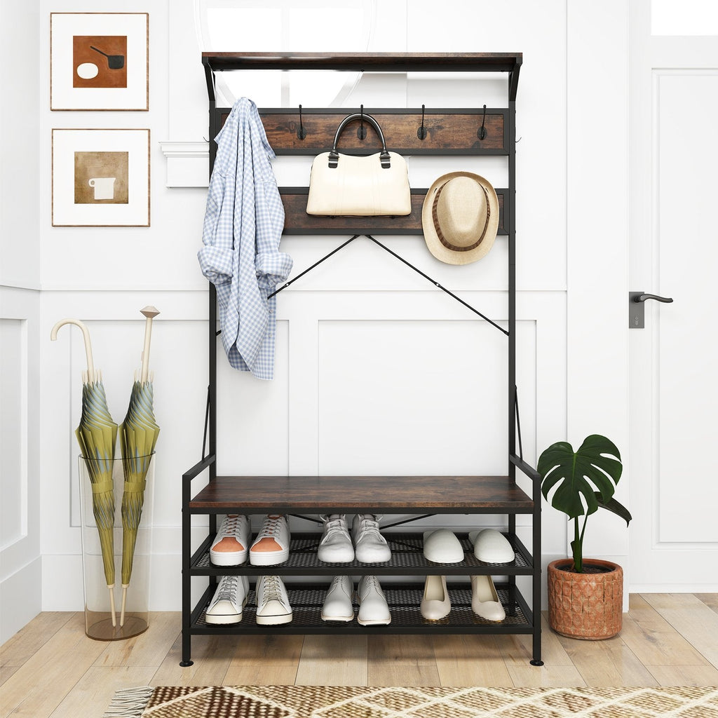 Coat Rack 4-In-1 Hall Tree with 11 Hanging Hooks Shoe Bench-Gray
