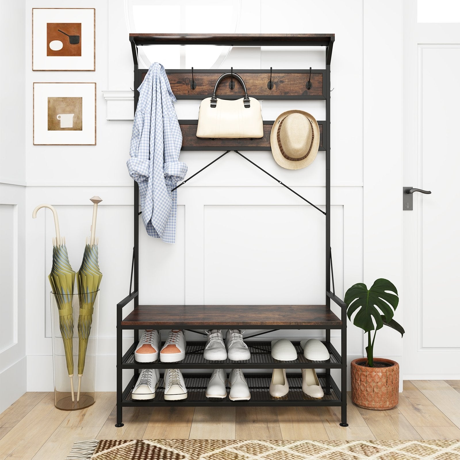 Coat Rack 4-In-1 Hall Tree with 11 Hanging Hooks Shoe Bench-Gray
