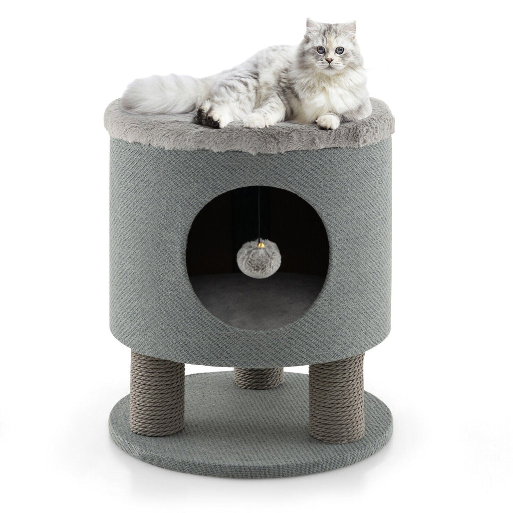 3-in-1 Cat Condo Stool Kitty Bed with Scratching Posts and Plush Ball Toy-Beige