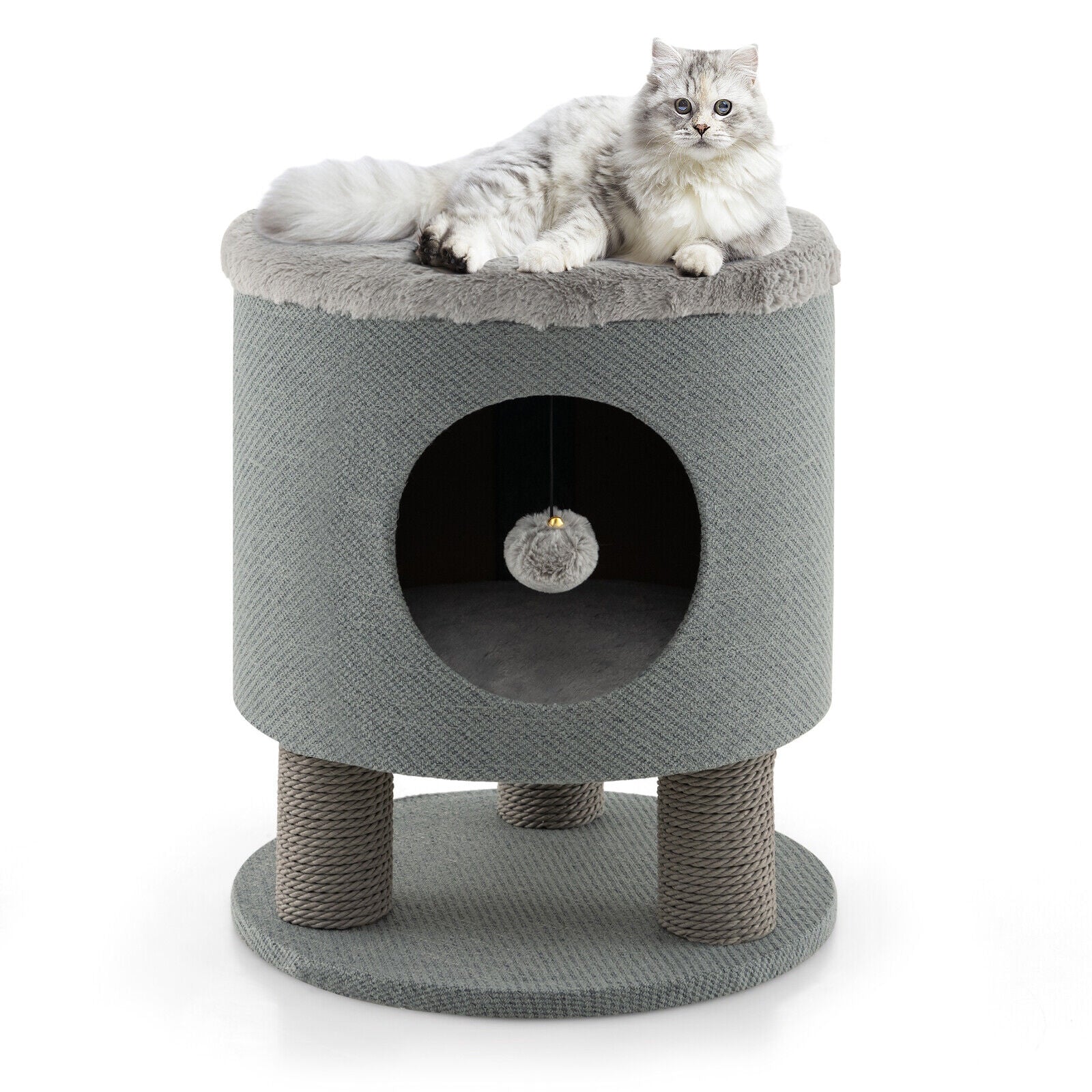 3-in-1 Cat Condo Stool Kitty Bed with Scratching Posts and Plush Ball Toy-Beige