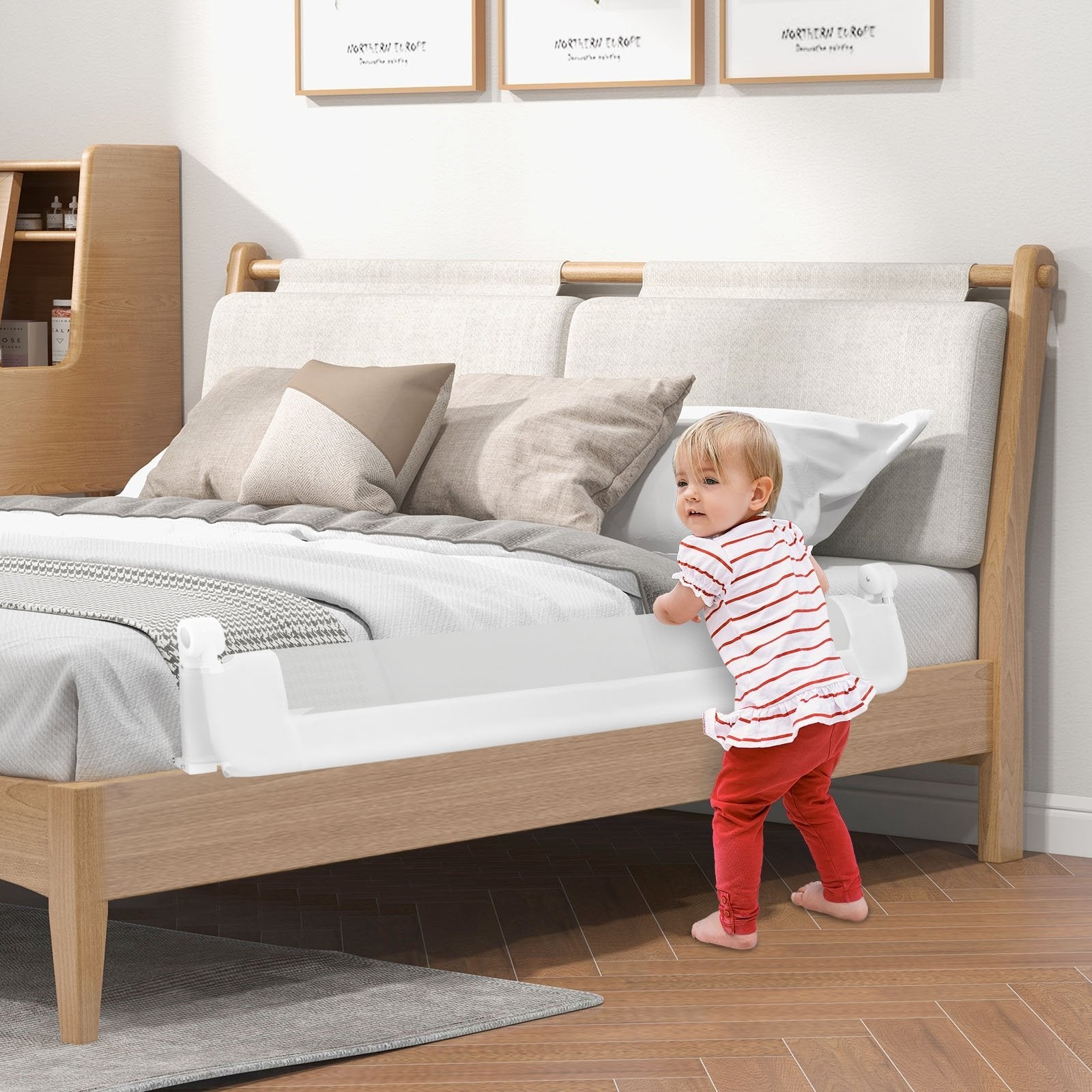 60-Inch Foldable Bed Rail Swing Down Baby Bed Guard Rail with Adjustable Safety Strap-Grey