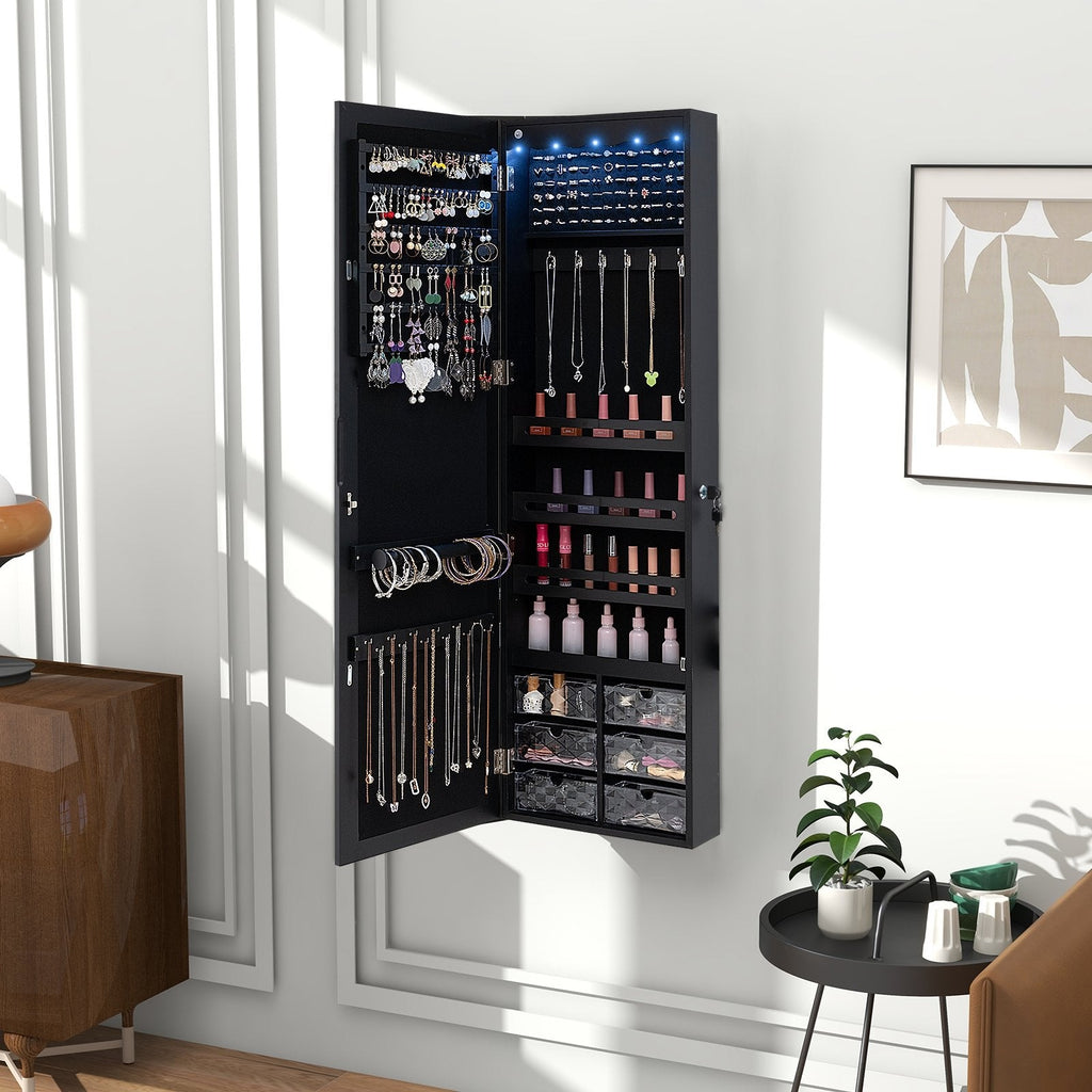 Door Hanging Mirror Jewelry Armoire with Full Length Mirror and 6 Drawers-Black