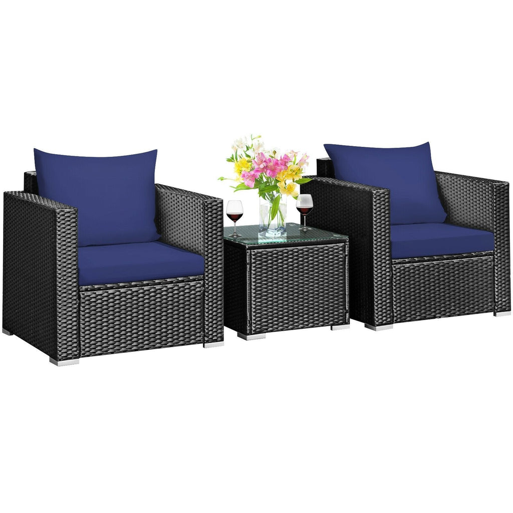 3 Pieces Patio Wicker Conversation Set with Cushion-Black