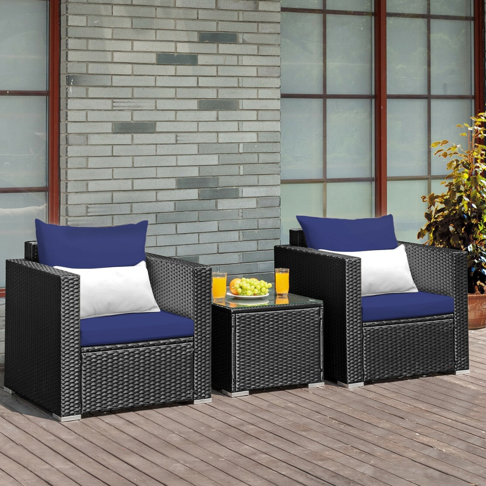 3 Pieces Patio Wicker Conversation Set with Cushion-Black