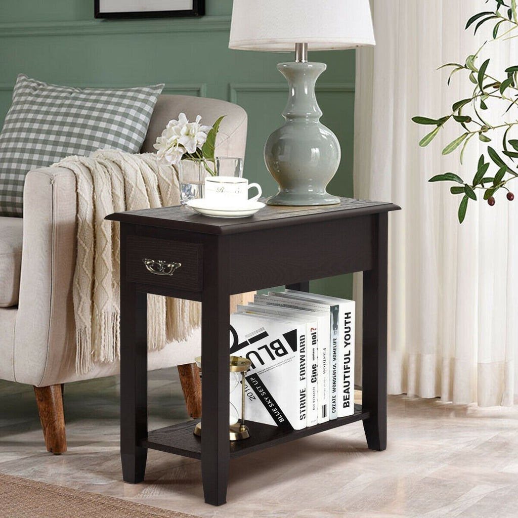 2 Tier End Bedside Sofa Side Table Narrow Nightstand-Black