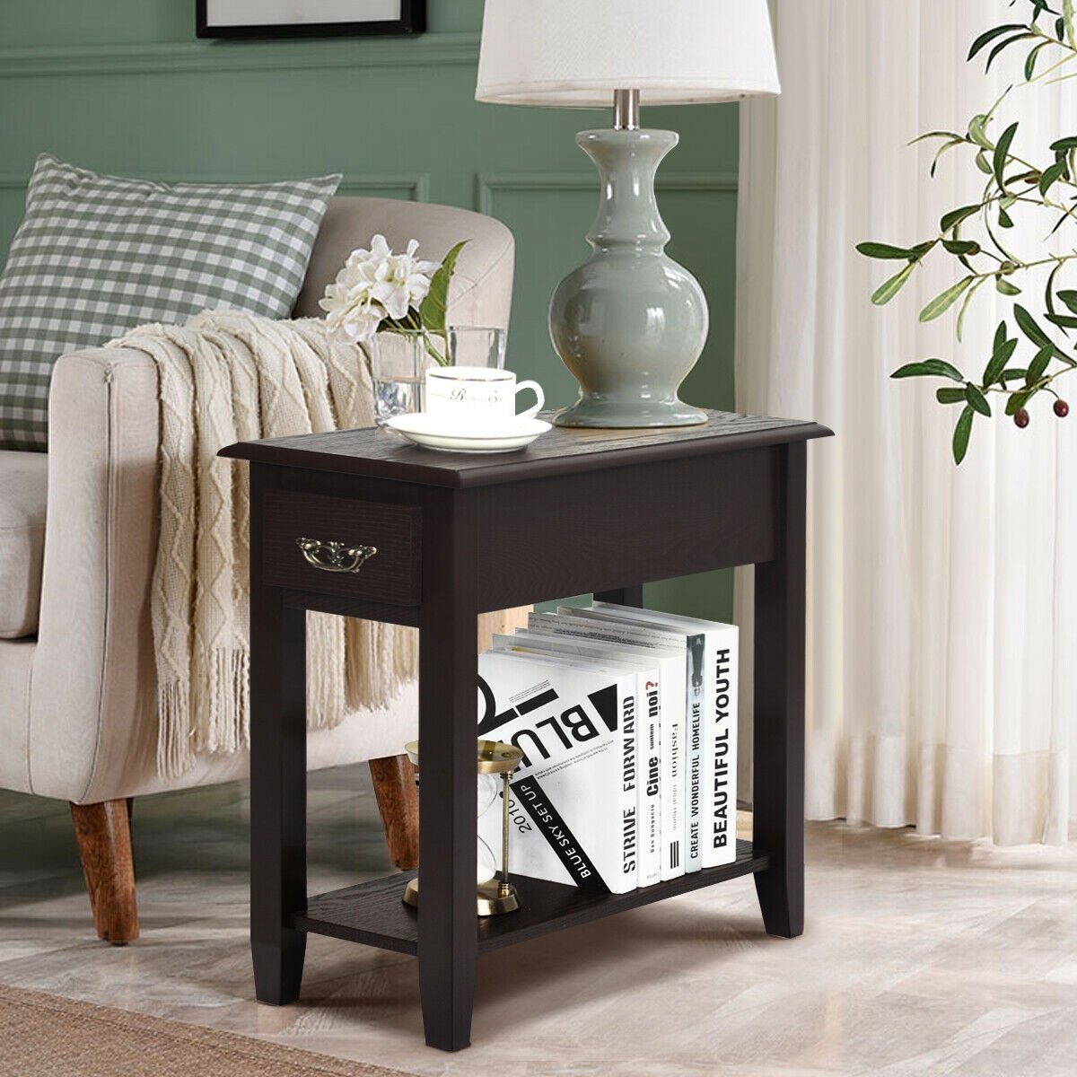 2 Tier End Bedside Sofa Side Table Narrow Nightstand-Black