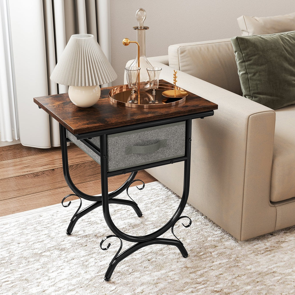 Side Table with Fabric Drawer and Carved Metal Frame for Living Room