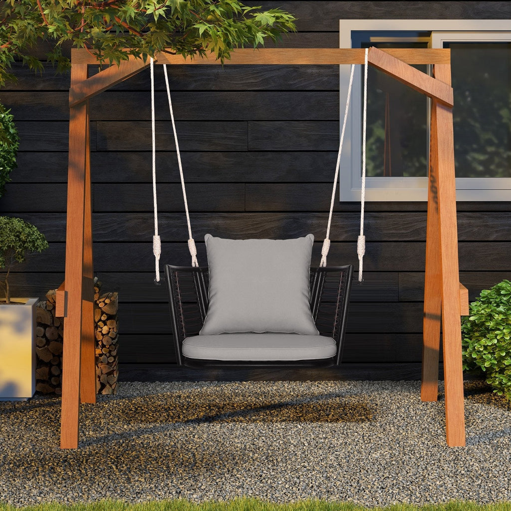 Single Person Hanging Seat with Woven Rattan Backrest for Backyard-Beige