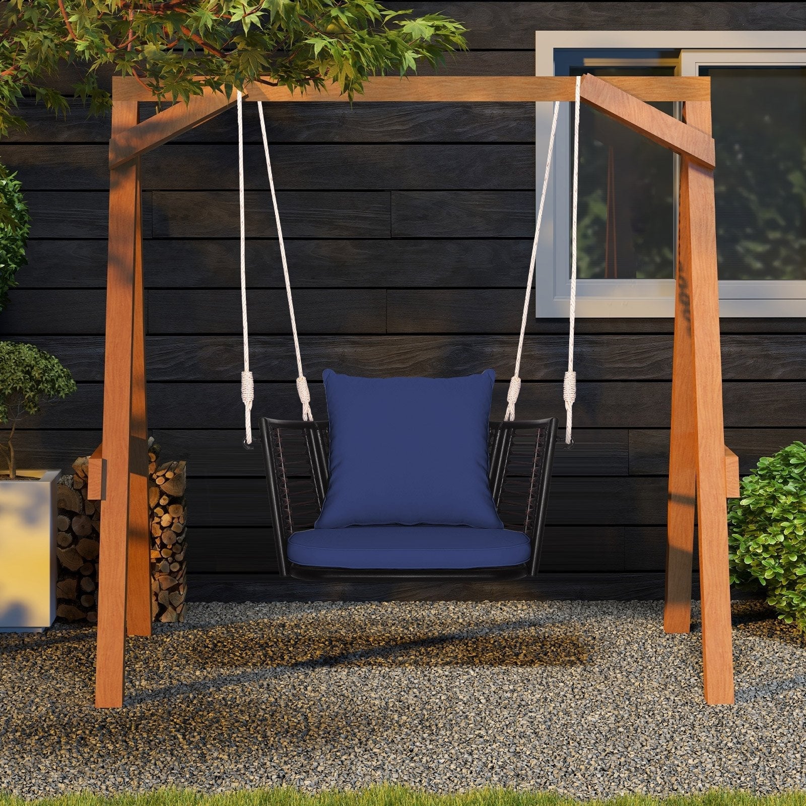 Single Person Hanging Seat with Woven Rattan Backrest for Backyard-Beige