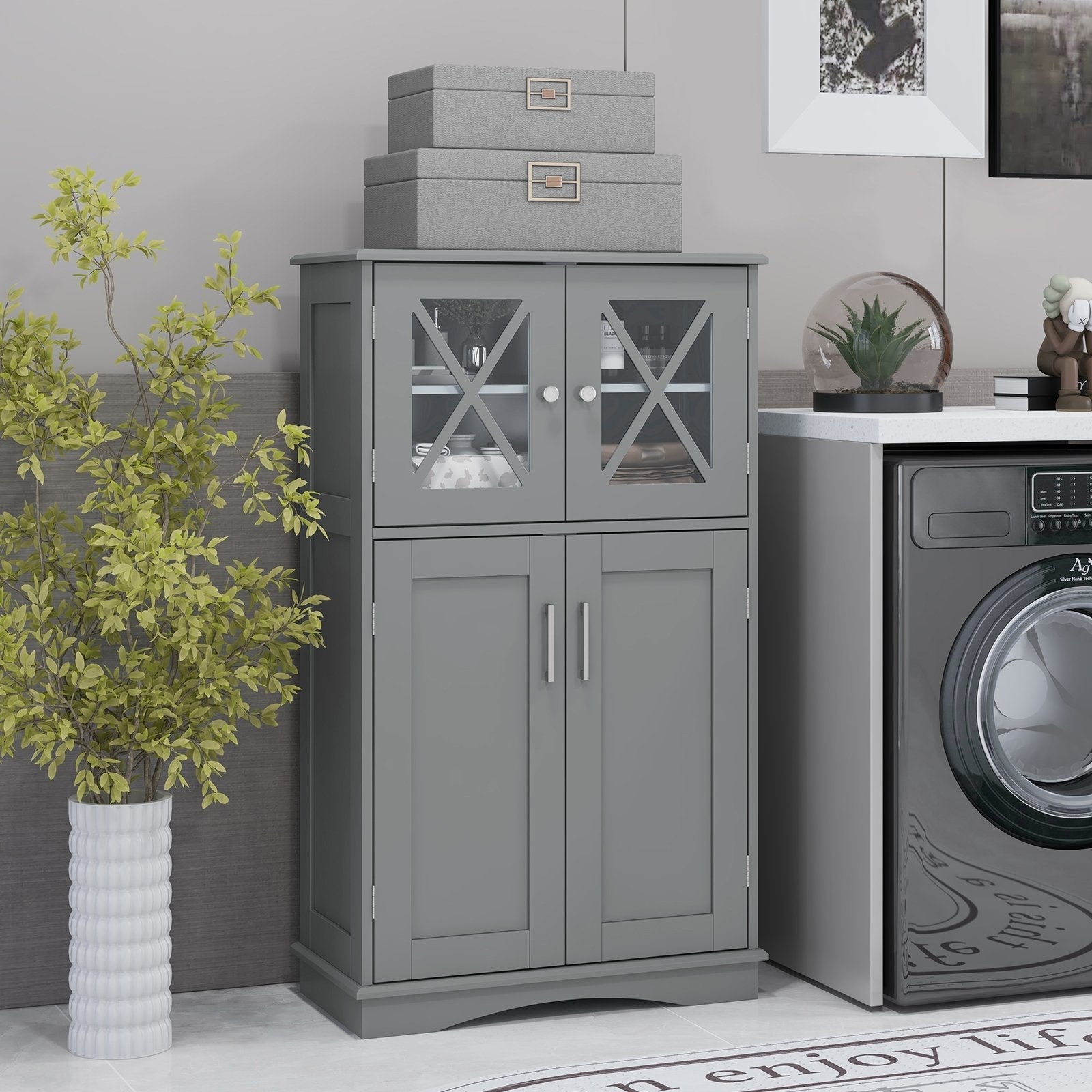 4 Doors Freeestanding Bathroom Floor Cabinet with Adjustable Shelves-Black