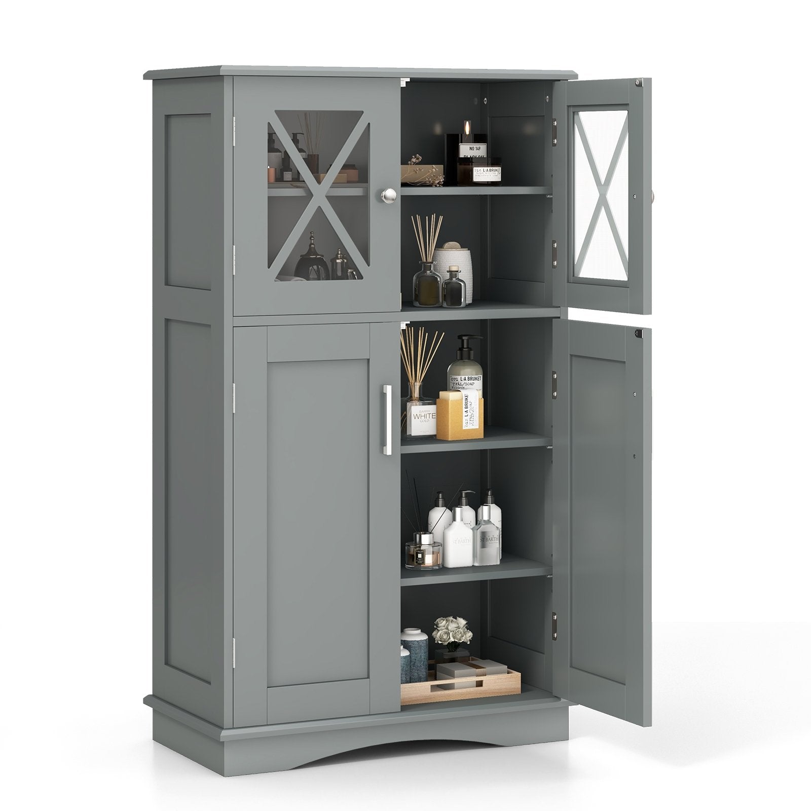 4 Doors Freeestanding Bathroom Floor Cabinet with Adjustable Shelves-Black