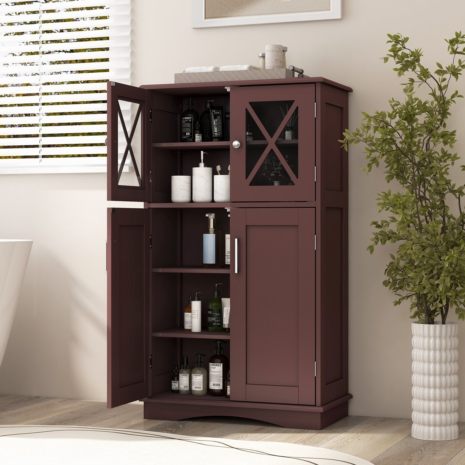 4 Doors Freeestanding Bathroom Floor Cabinet with Adjustable Shelves-Black