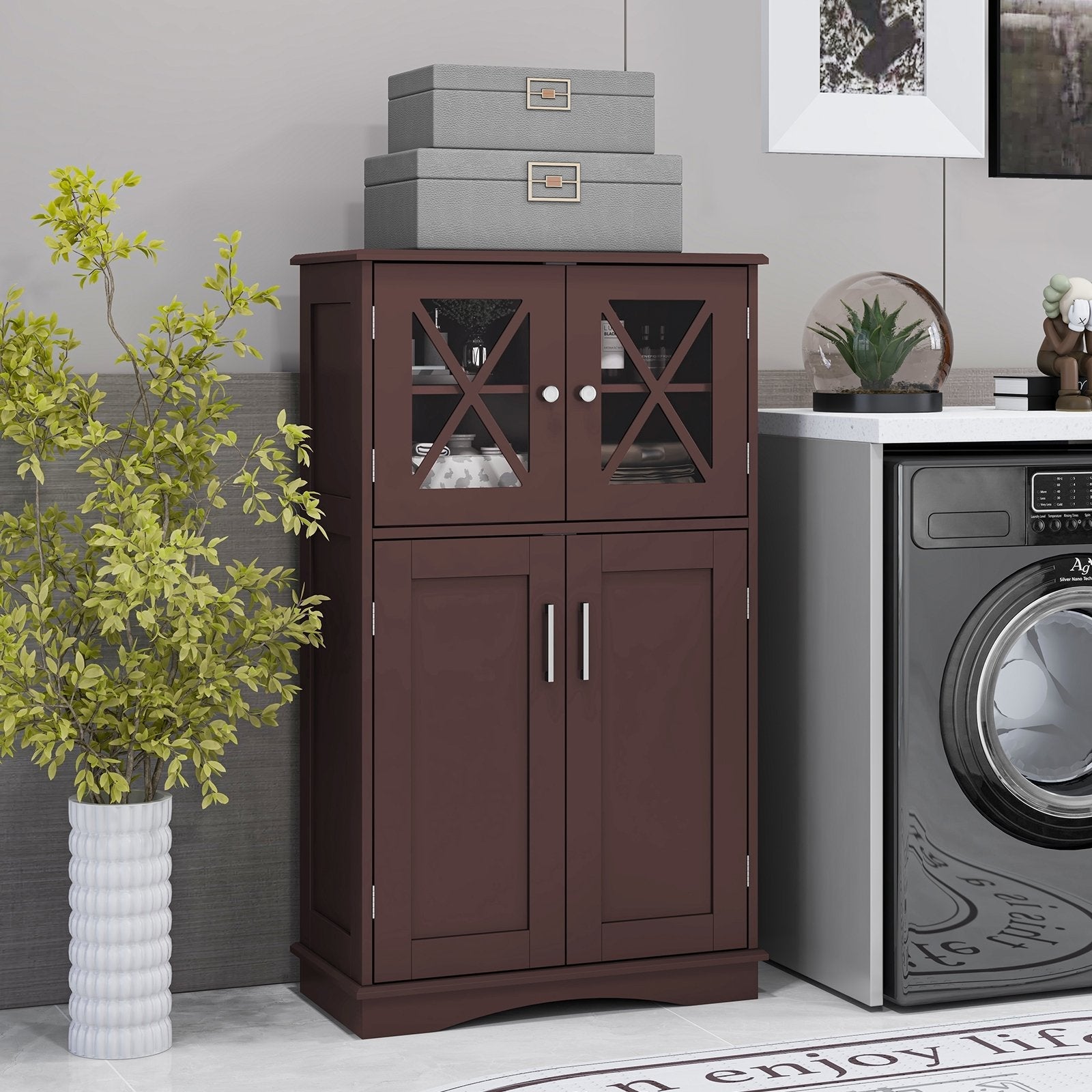 4 Doors Freeestanding Bathroom Floor Cabinet with Adjustable Shelves-Black