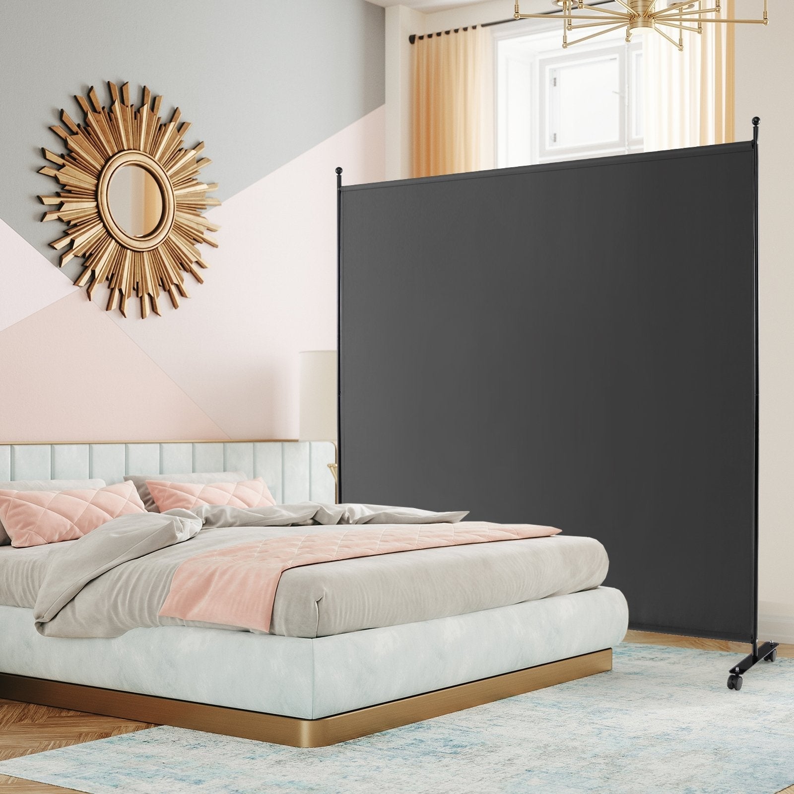 6 Feet Single Panel Rolling Room Divider with Smooth Wheels-Black