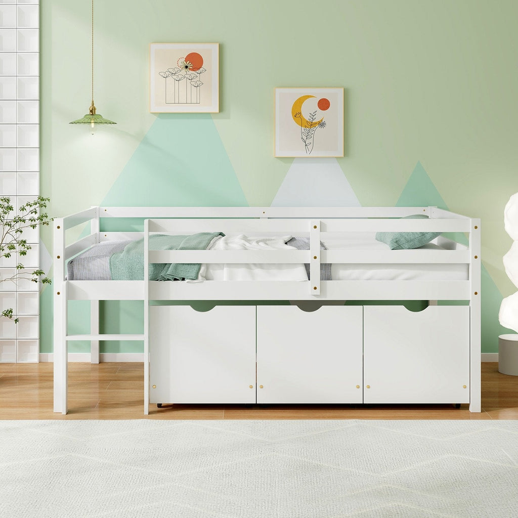 Twin Size Low Loft Bed with 3 Drawers with Ladder and Full-length Guardrails-Gray