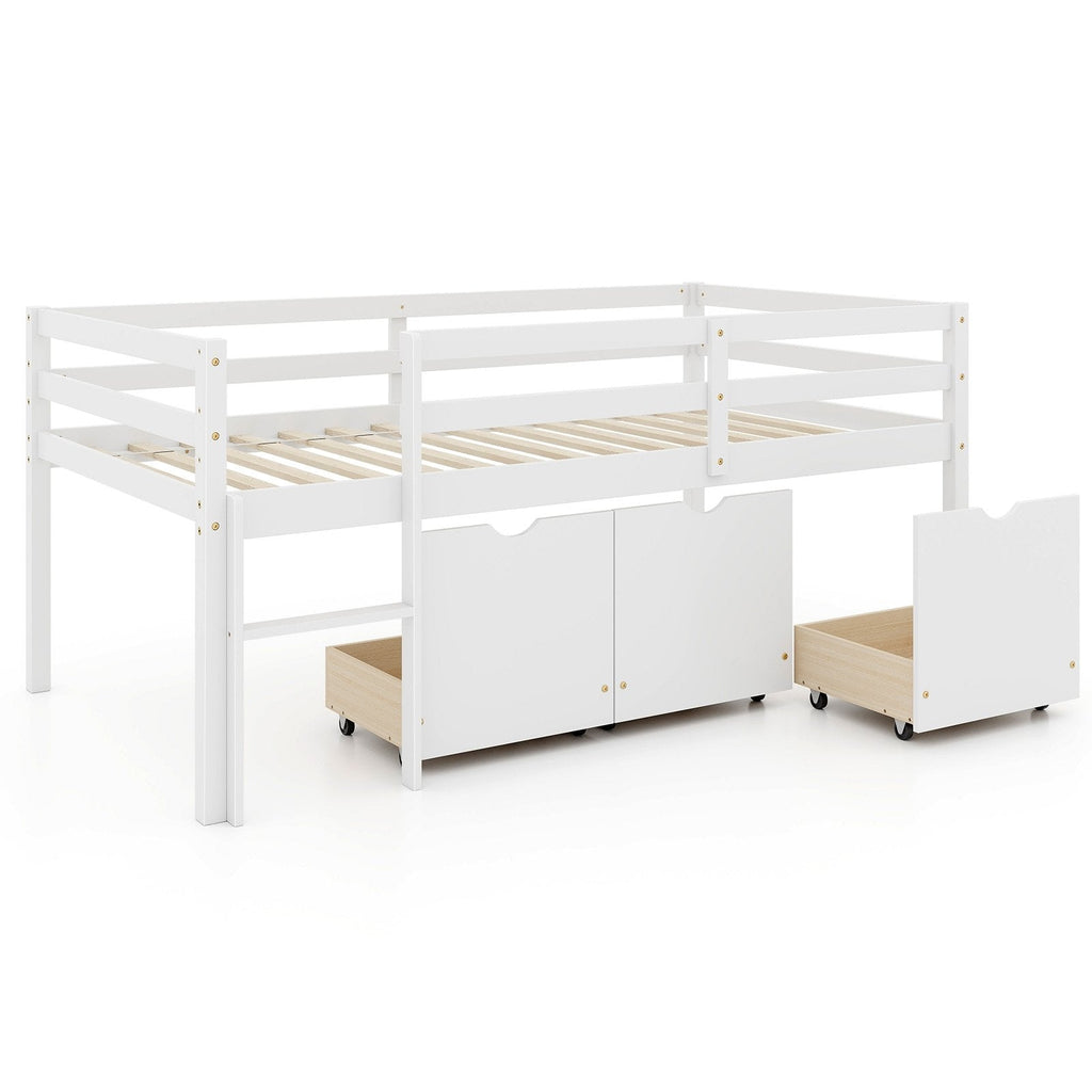 Twin Size Low Loft Bed with 3 Drawers with Ladder and Full-length Guardrails-Gray