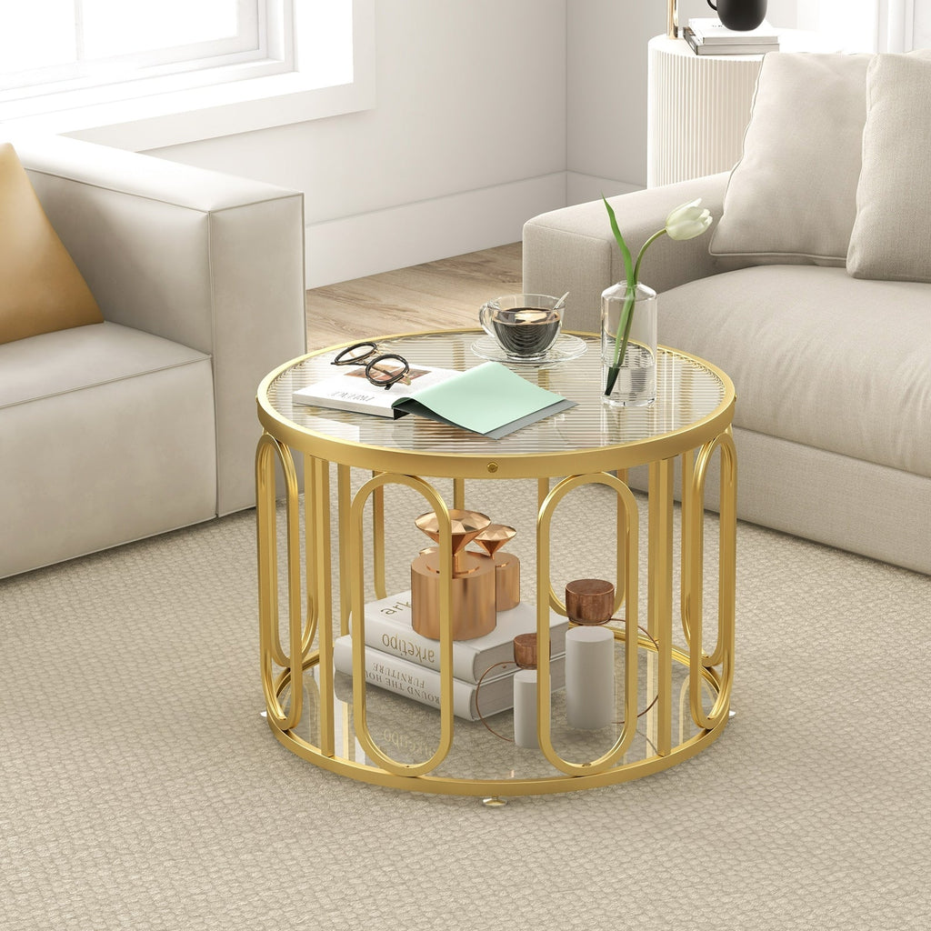 24 Inch Round Coffee Table with Reeded Tempered Glass Top and Oval Swivel Brackets-Black