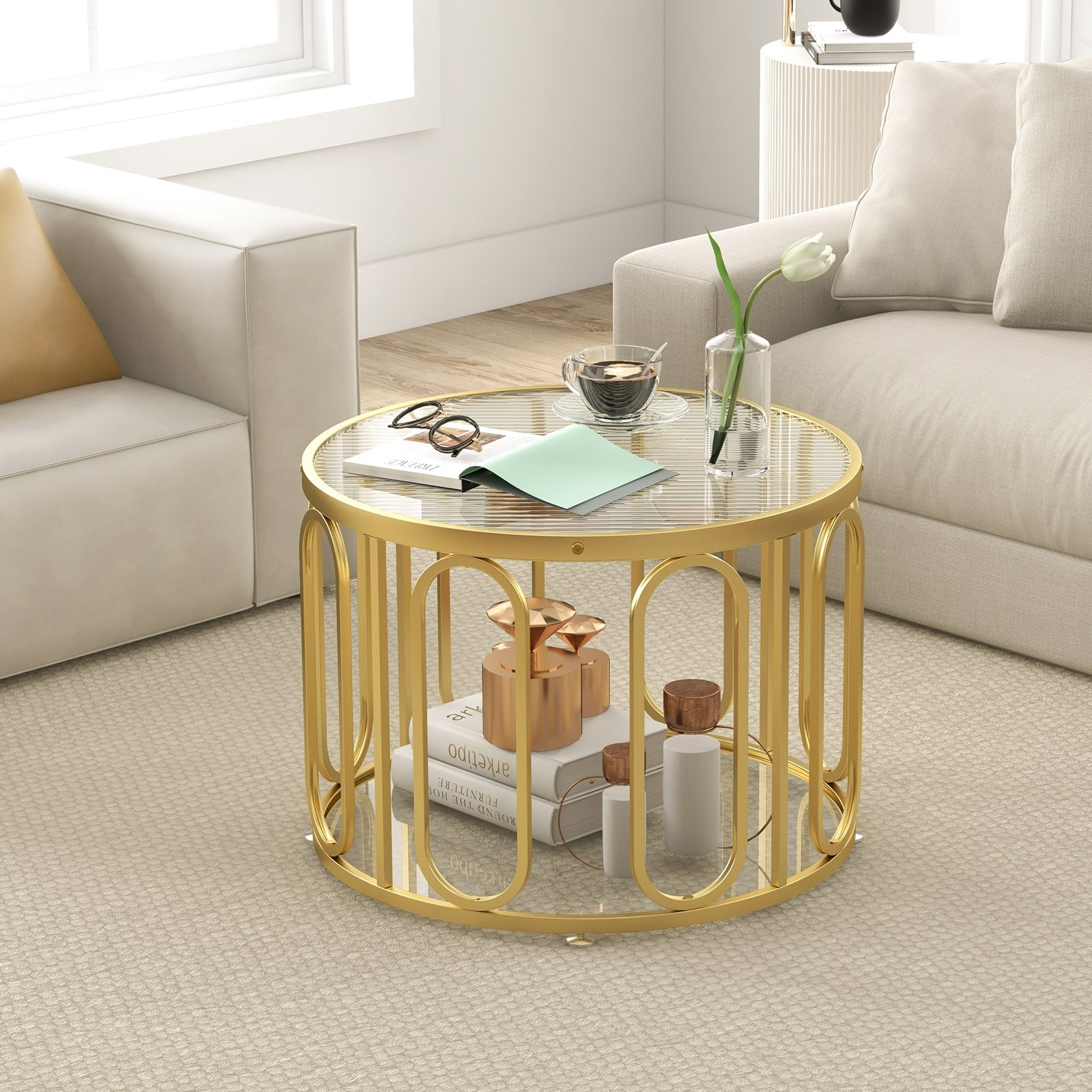 24 Inch Round Coffee Table with Reeded Tempered Glass Top and Oval Swivel Brackets-Black