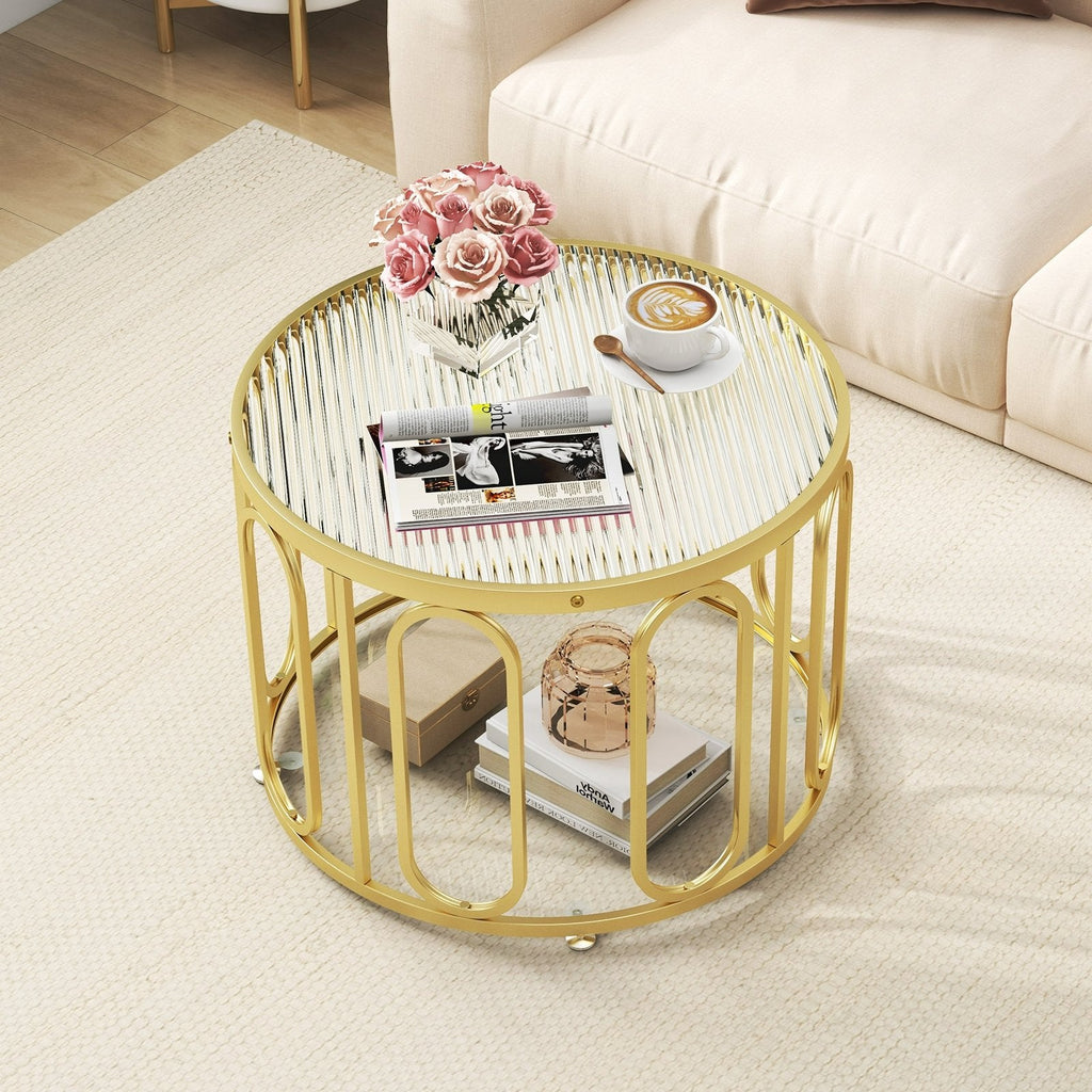 24 Inch Round Coffee Table with Reeded Tempered Glass Top and Oval Swivel Brackets-Black