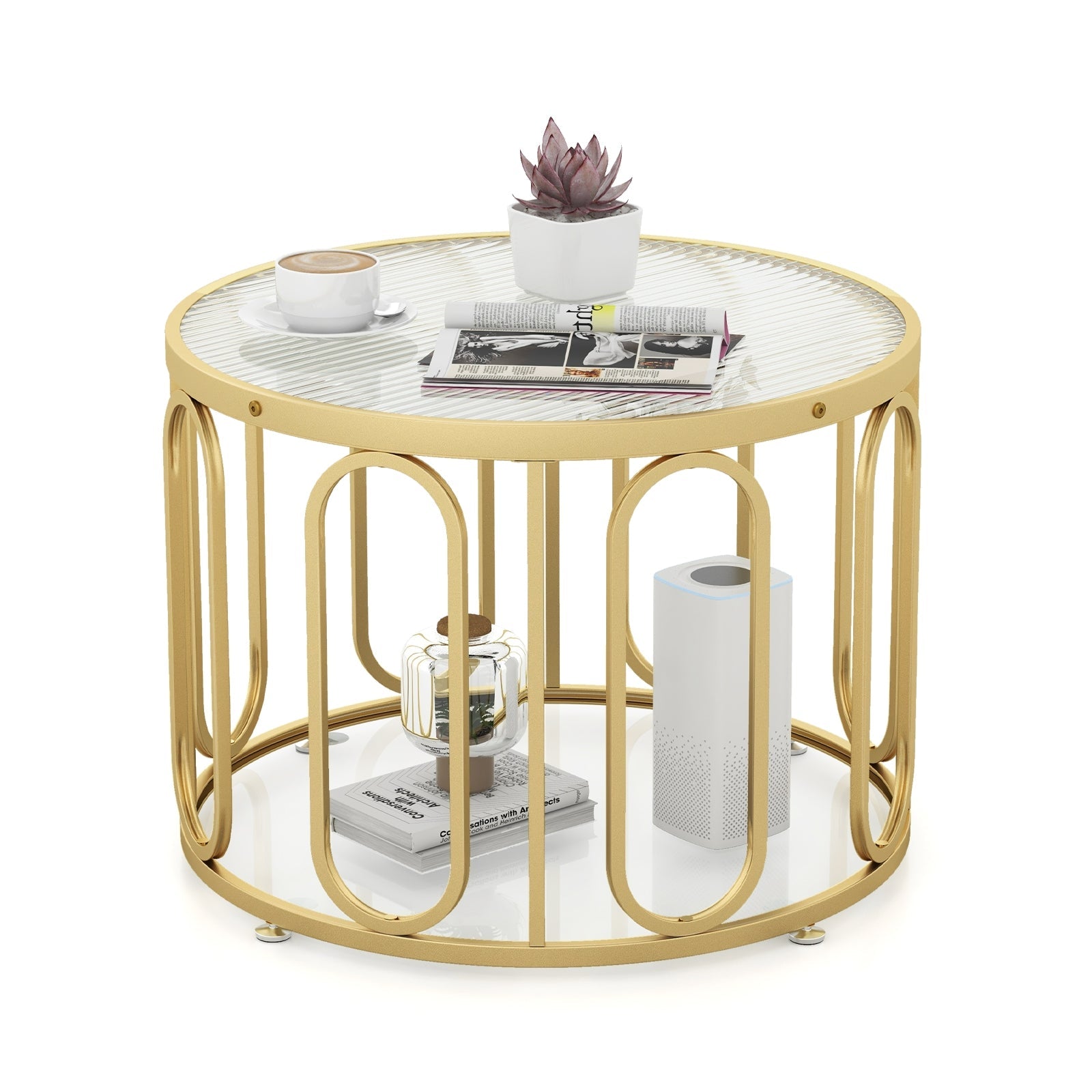 24 Inch Round Coffee Table with Reeded Tempered Glass Top and Oval Swivel Brackets-Black