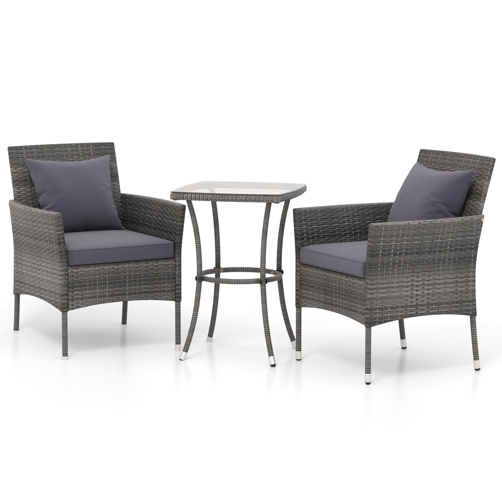 3 Pieces Patio Furniture Set with Cushioned Patio Chairs and Tempered Glass Coffee Table-Black