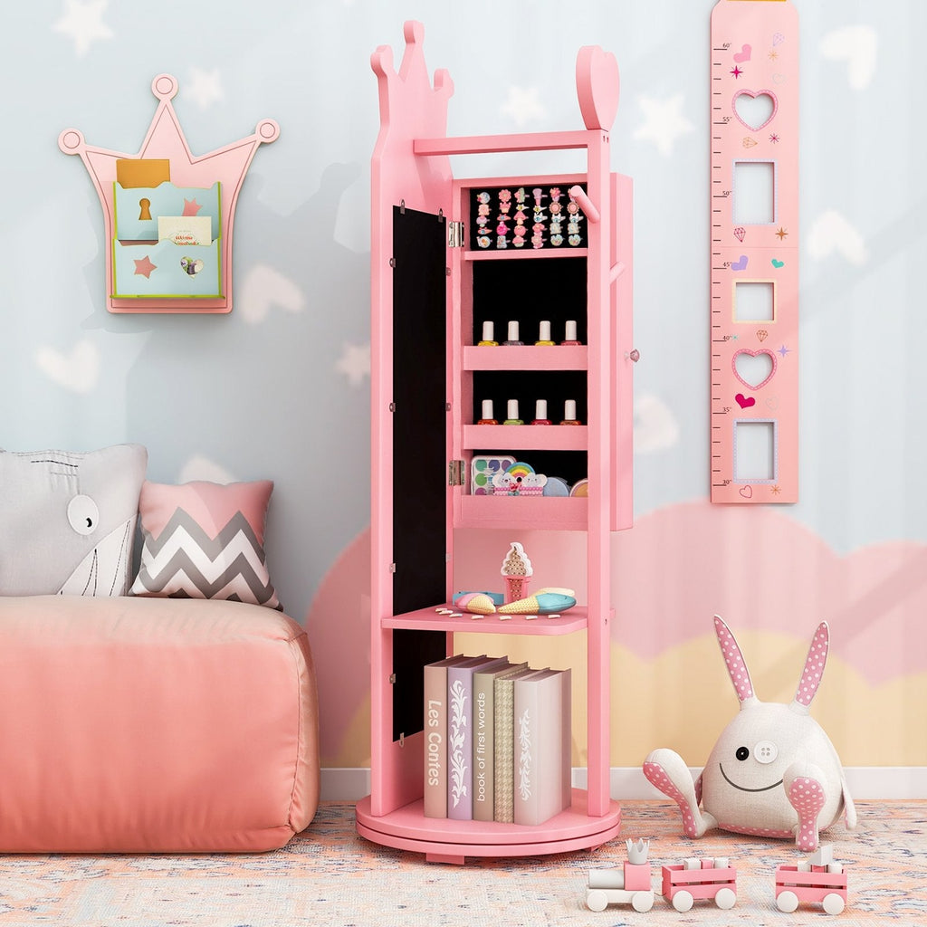 Kids Room Furniture Set Princess Vanity Table and Stool Set with Mirror and Drawer-Pink