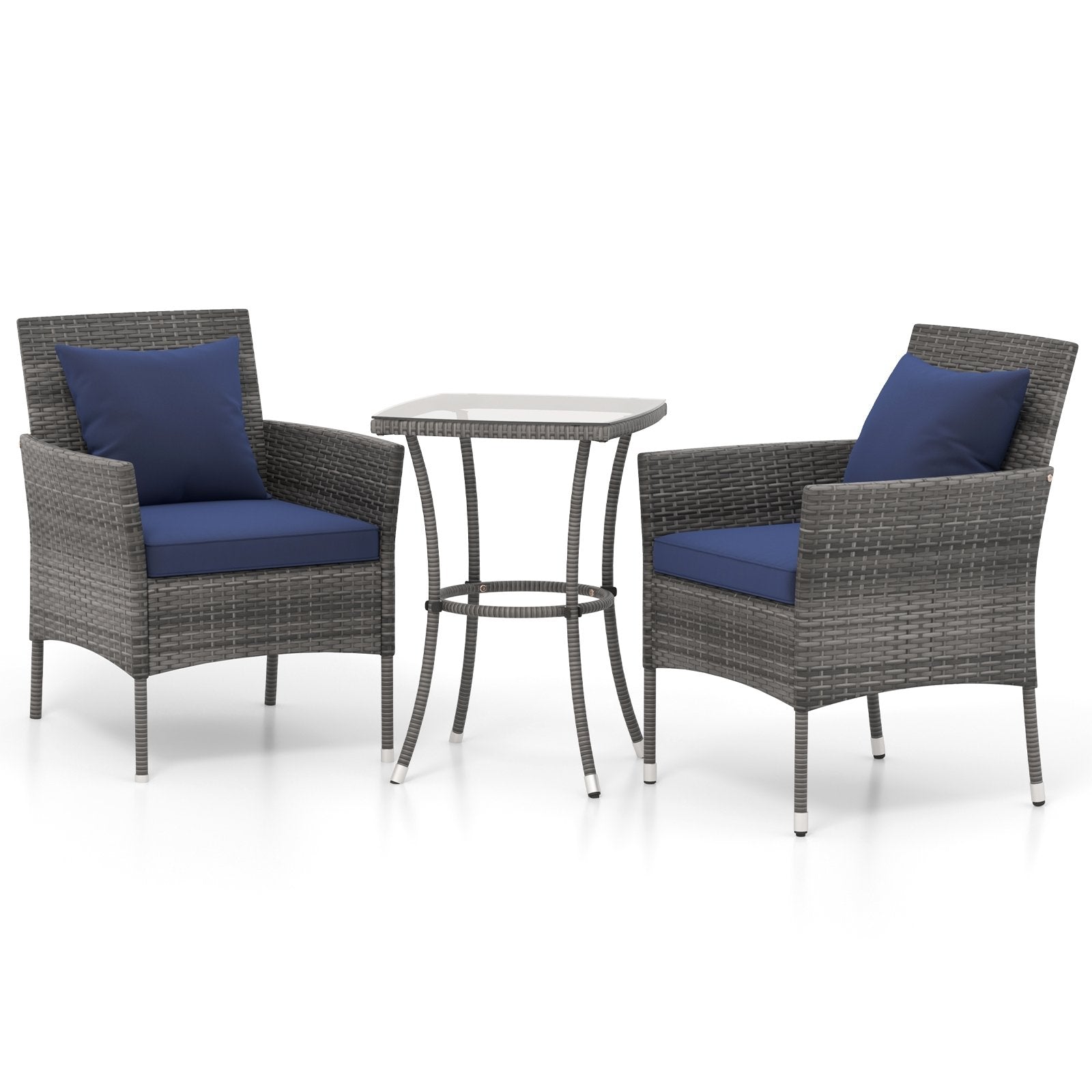 3 Pieces Patio Furniture Set with Cushioned Patio Chairs and Tempered Glass Coffee Table-Black