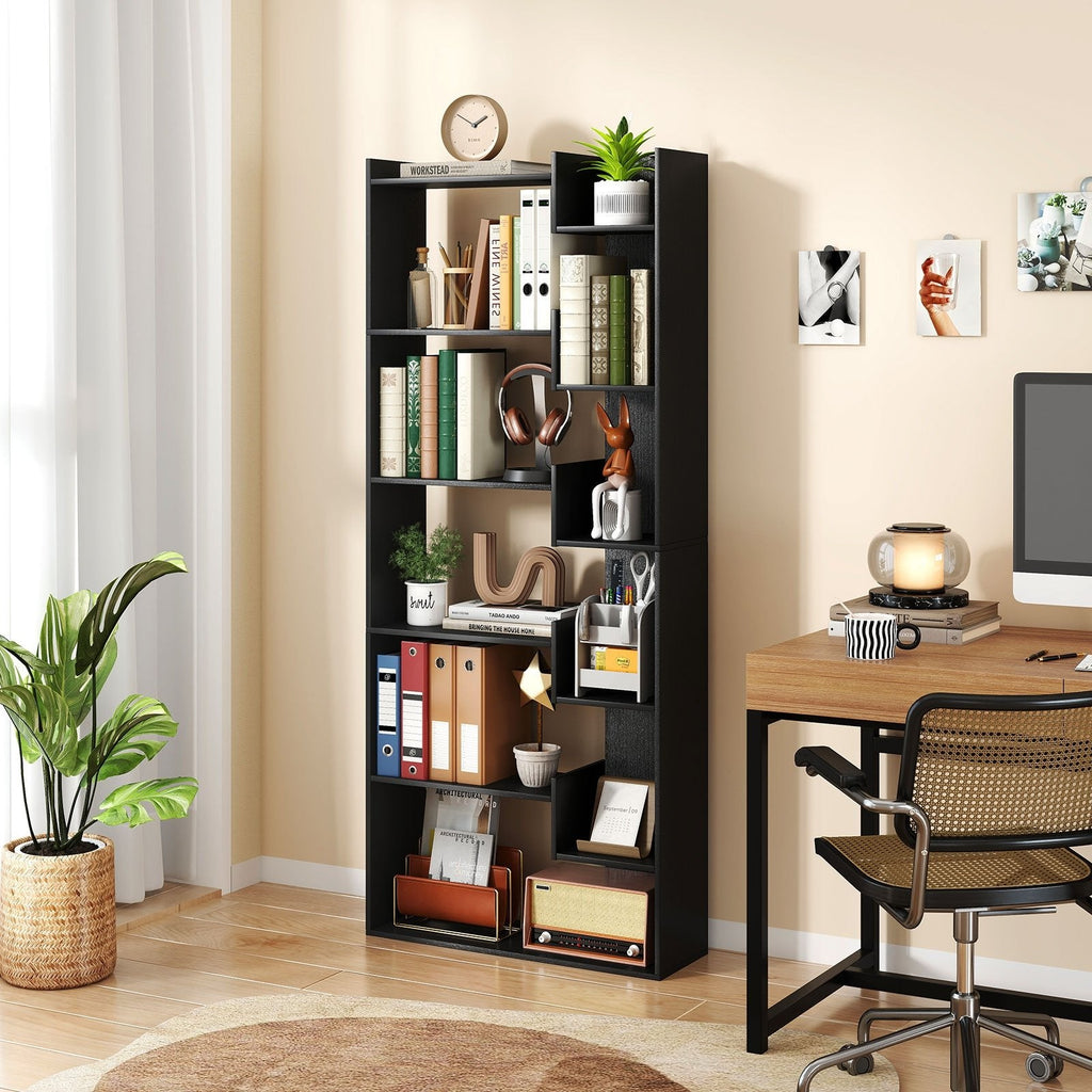 6-Tier Bookshelf Wooden Bookcase with 2 Anti-Tipping Kits Open Display Shelf-Black