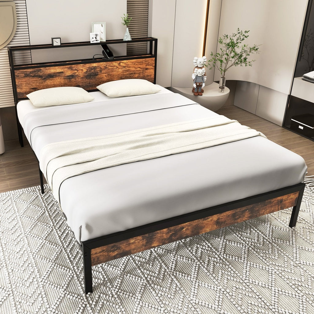 Twin/Full/Queen Bed Frame with Storage Headboard and Charging Station-Full Size