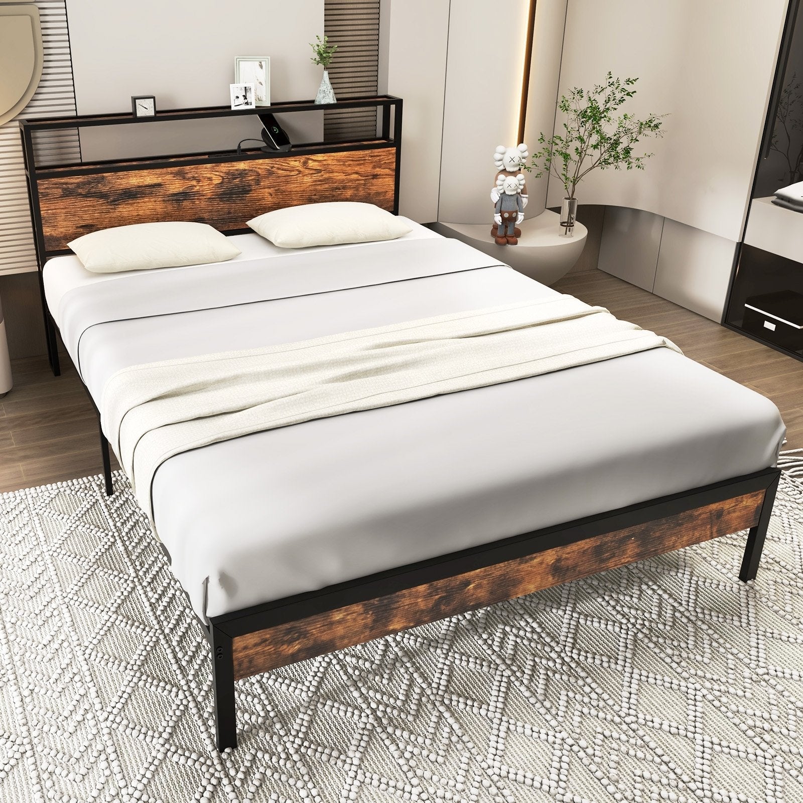 Twin/Full/Queen Bed Frame with Storage Headboard and Charging Station-Full Size
