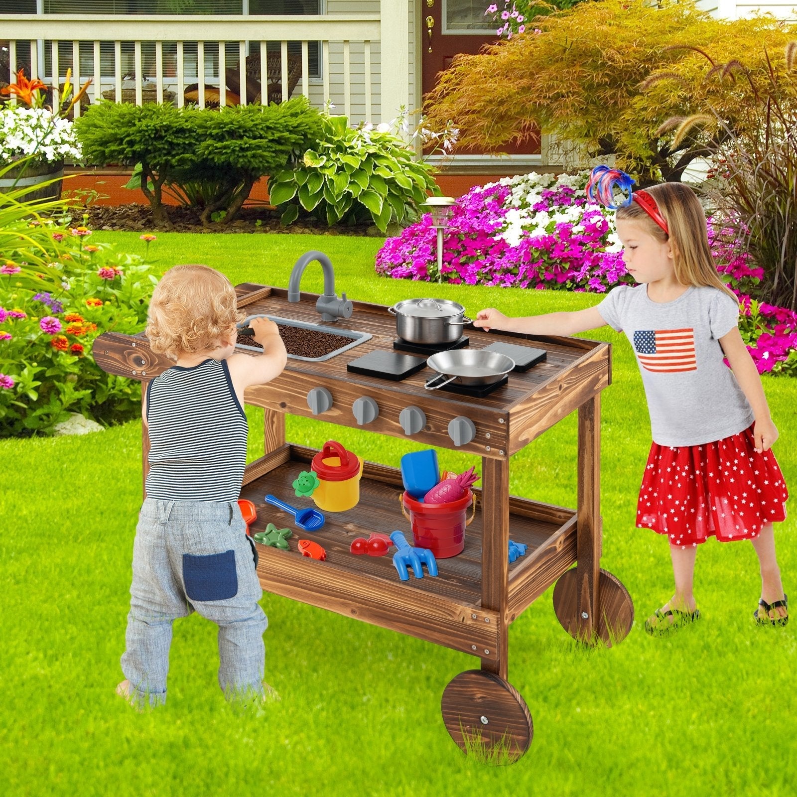 Outdoor Movable Mud Kitchen with 2 Rolling Wheels and 1 Push Handle-Natural