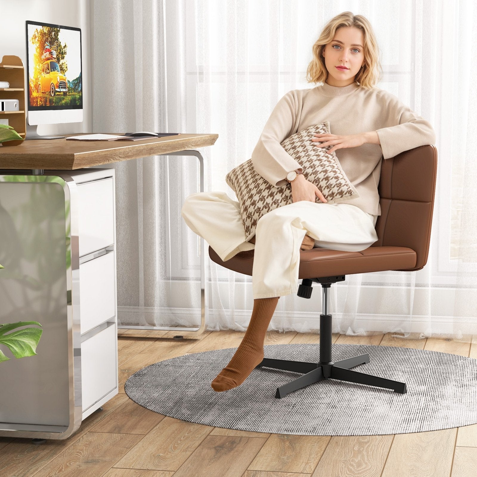 PU Leather Upholstered Cross-legged Office Chair with Oversized U-shaped Seat for Home Office Make Up-Beige