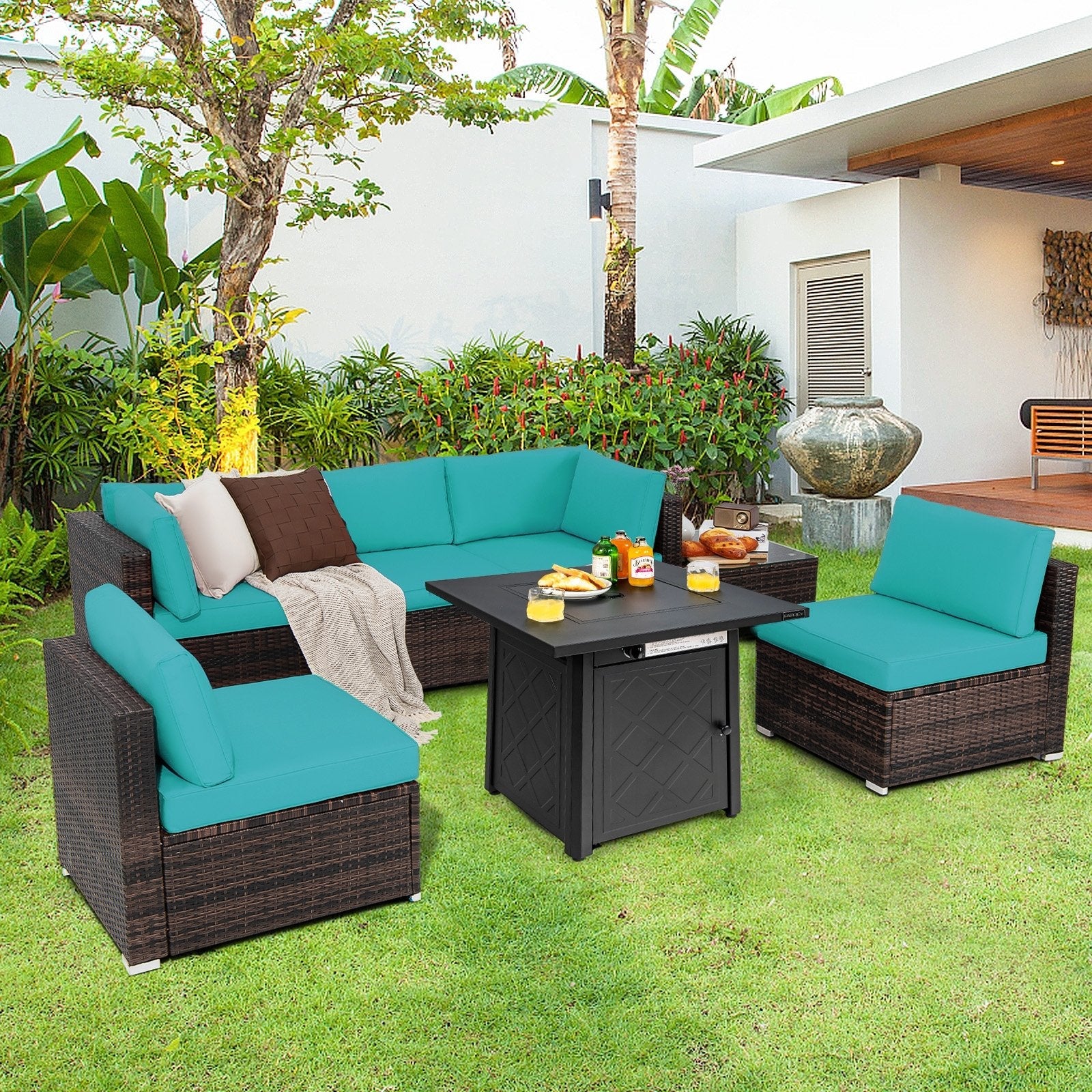 7 Pieces Patio Furniture Set with 28 Inches 50000 BTU Propane Gas Fire Pit Table-Red