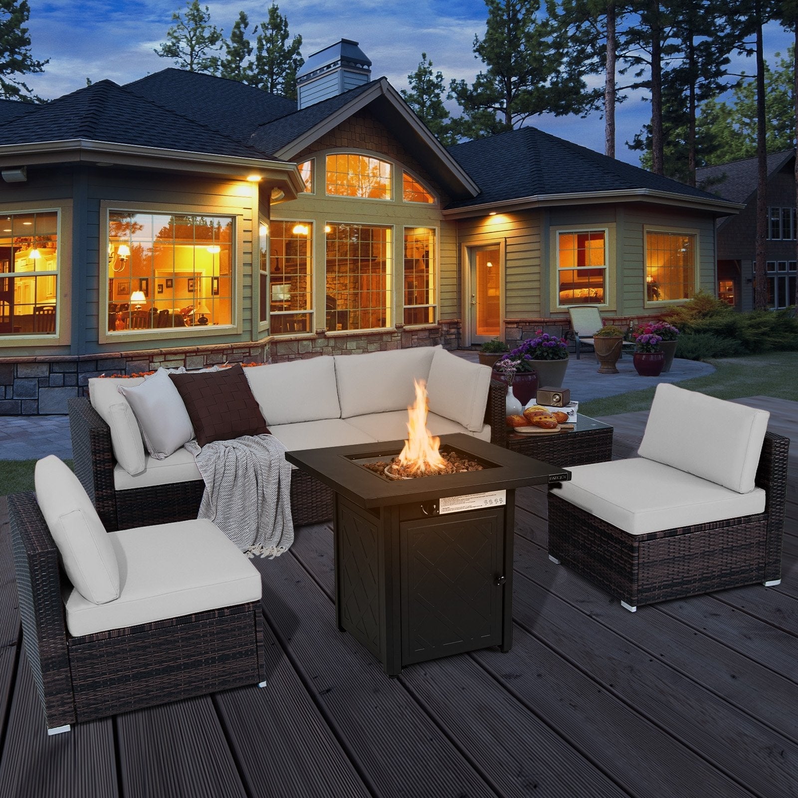 7 Pieces Patio Furniture Set with 28 Inches 50000 BTU Propane Gas Fire Pit Table-Red